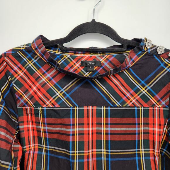 J.Crew Plaid Funnelneck Shirt in Stewart tartan with Jeweled Buttons Women's 4 - Picture 10 of 12